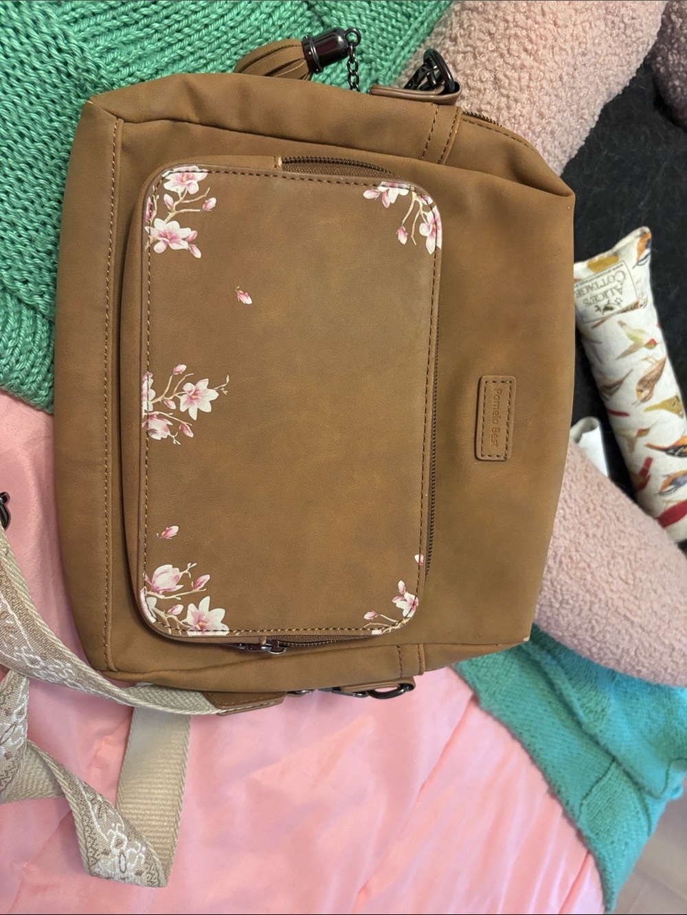 Pomelo Tan Floral Front-Pocket Crossbody Bag